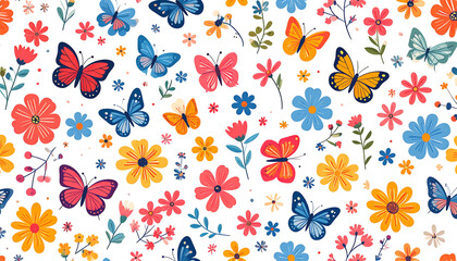 Vivid, colorful floral and butterfly pattern on a black backdrop, creating a dense, whimsical, and joyful composition