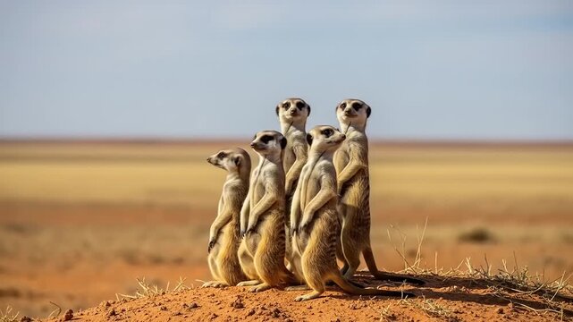 A curious family of meerkats standing guard together in the desert.