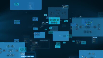 Futuristic AI automation workflow on floating digital screens in virtual space with data visualization, looped animation - Powered by Adobe