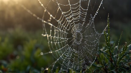 Ultra-Detailed Macro of Dewy Spider Web Glistening at Dawn with Micro-Lights in Morning Mist