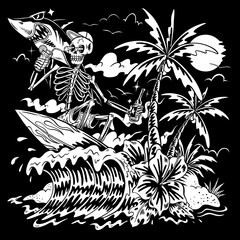 Skull surfing with a cold beer and relaxing, with a background of coconut trees, waves and sharks