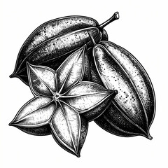 Detailed engraving of starfruit carambola showcases intricate linework and textures; vintage style.