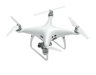 White quadcopter drone, camera beneath, angled view against a black background, showcasing propellers and smooth design