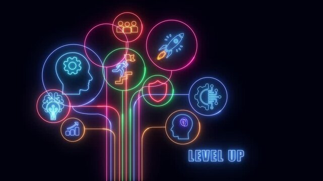 business shows glowing neon line banner of LEVEL UP concept with icons of responsibility, customers, integrity, goals, teamwork, commitment and innovation isolated on transparent background. - Powered by Adobe