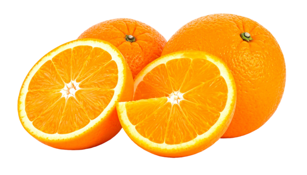 Two whole, two half oranges with bright orange fruit and rough rinds against a transparent black background