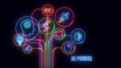 business shows glowing neon line banner of AI POWER concept with icons of responsibility, customers, integrity, goals, teamwork, commitment and innovation isolated on transparent background.
