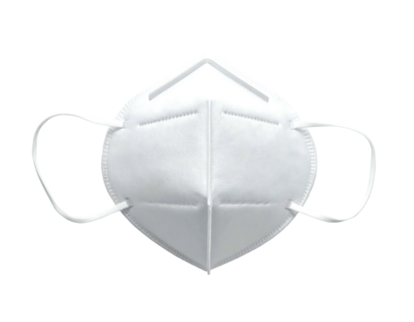 White respirator mask, front view, symmetrical design with ear loops, isolated on black background for a stark contrast