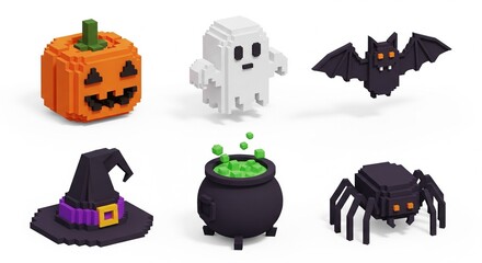 Halloween Pixel Art Icons Set.