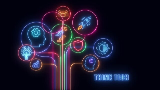 business shows glowing neon line banner of THINK TECH concept with icons of responsibility, customers, integrity, goals, teamwork, commitment and innovation isolated on transparent background.