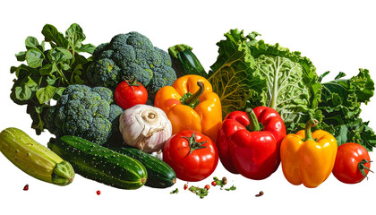 Vibrant fresh vegetables pile, showcasing broccoli, peppers, tomatoes, cucumbers, garlic, lettuce & zucchini on black