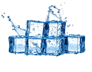 Stacked ice cubes with water splashing against a black background, creating a refreshing and cool visual effect