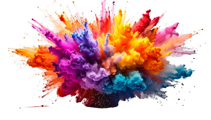Vivid explosion of colorful pigments, bursting outwards against a solid black backdrop, creating dynamic visual texture