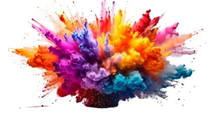 Vivid explosion of colorful pigments, bursting outwards against a solid black backdrop, creating dynamic visual texture