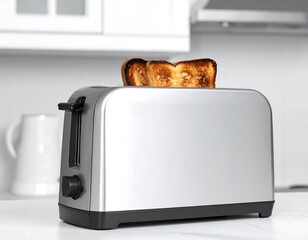 A shiny kitchen appliance, toasting two pieces of bread