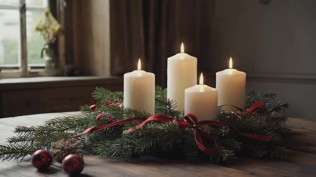 Brennende Kerzen im Adventskranz auf Holztisch