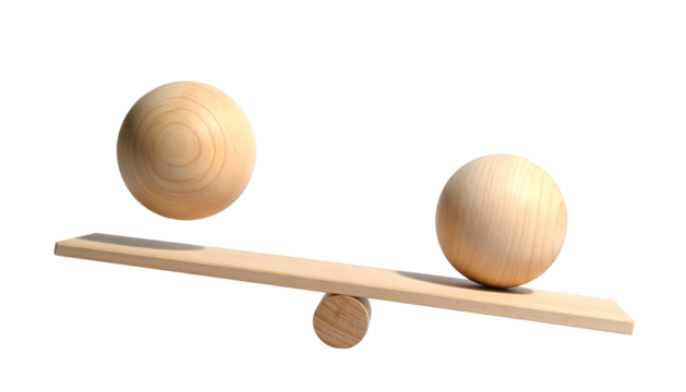 Two wood balls balanced on a seesaw, tilting to the right, against a black background