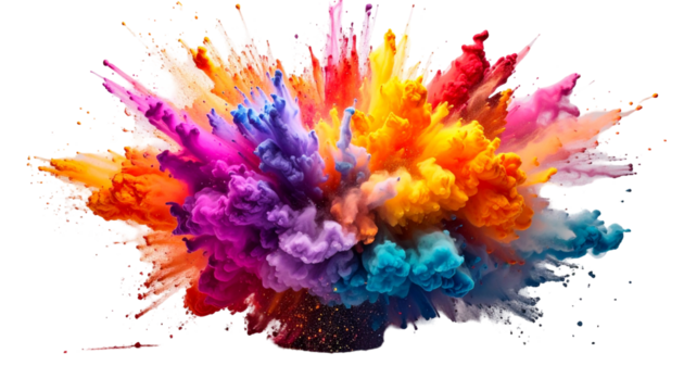 Vivid explosion of colorful pigments, bursting outwards against a solid black backdrop, creating dynamic visual texture - Powered by Adobe