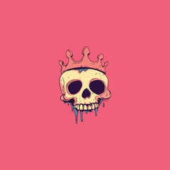 Funky cartoon illustration of a melting skull wearing a crown. Bright pop art vector graphic with dripping liquid and playful colors