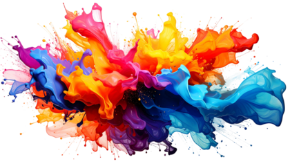 Vivid explosion of abstract colorful paint swirling and mixing together against a black background, creating a dynamic burst