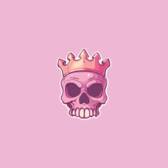Cute cartoon sticker illustration of a pink skull wearing a crown. Bright, pastel vector graphic with bold outlines, ideal for pop art, youth fashion, sweet horror, or playful princess themes