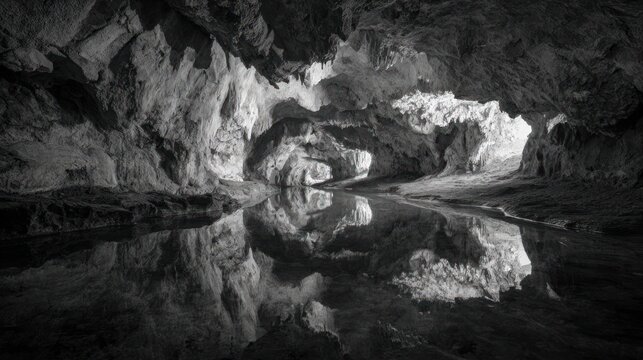 Inside a dark cave, water reflects the rock formations above in black and white
