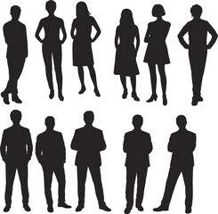 Business people silhouettes — professional men and women standing poses, corporate vector illustration for presentations, teamwork, and office design projects
