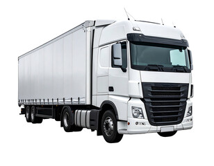 White tractor-trailer truck with curtainside trailer, isolated against a black backdrop in a clean, modern style