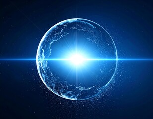 Abstract blue sphere with bright light and network pattern on dark background