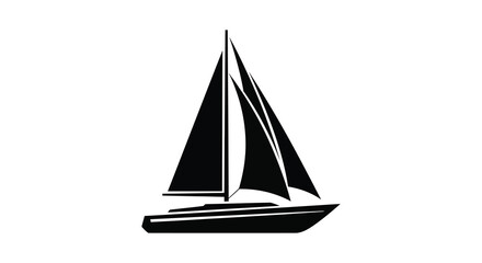 A classic sailboat with tall masts and full sails depicted in a striking black silhouette against a clean white background