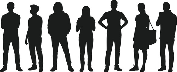 People silhouettes — standing men and women in casual poses, vector illustration for design, business, teamwork, and presentation projects