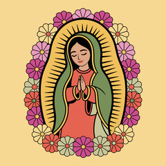 Our Lady of Guadalupe Surrounded by Colorful Flowers Illustration