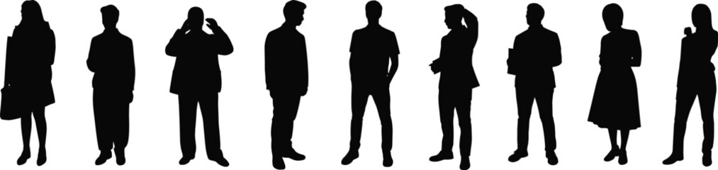 Silhouette business people standing, teamwork and communication, confident professionals group, modern office diversity, leadership, collaboration, unity, equality, success, corporate concept