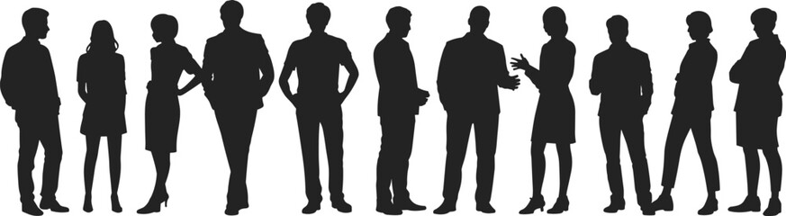 Silhouette group of business people standing and discussing — teamwork, leadership, collaboration, and corporate communication concept illustration