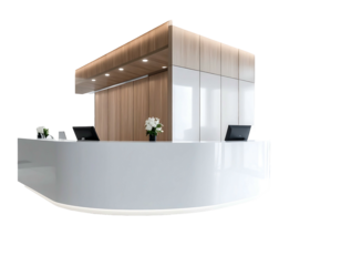 Smooth, curved reception desk featuring clean design with white surfaces and wood paneling under soft overhead lighting