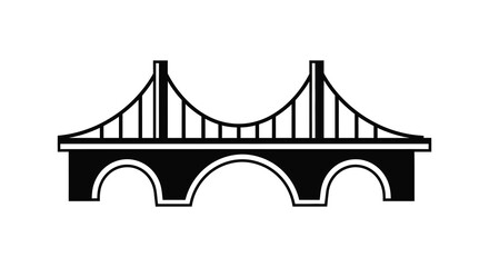 Iconic suspension bridge with elegant arches and towers rendered in a bold black and white silhouette style