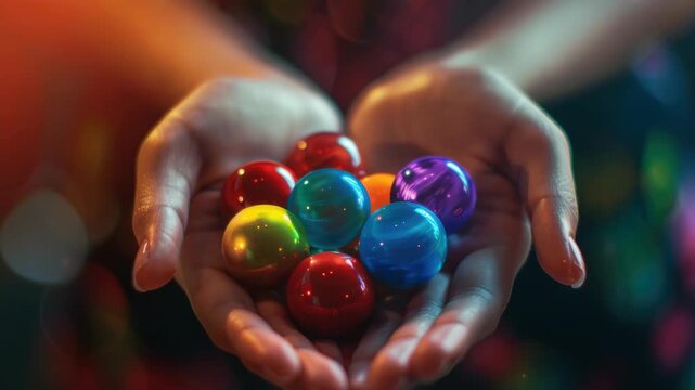 A person's hand with several vibrantly colored glass marbles