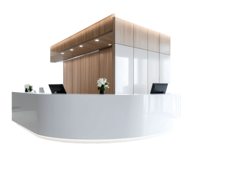 Smooth, curved reception desk featuring clean design with white surfaces and wood paneling under soft overhead lighting