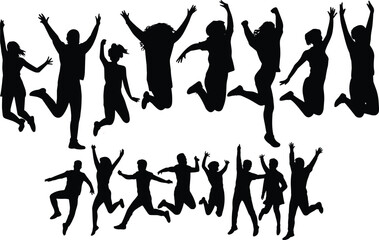 Silhouette people jumping, happy group in motion, celebration and joy illustration, active lifestyle concept, vector human silhouettes in dynamic poses