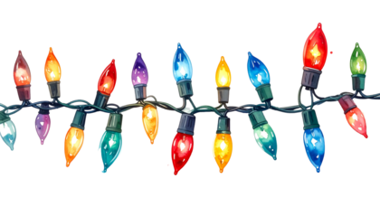 Whimsical, colorful string lights glowing against black backdrop in watercolor style illustration with varied color bulbs