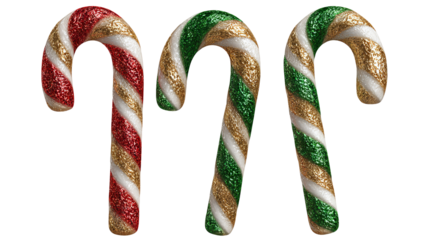 Festive candy canes with classic red green and gold stripes high resolution PNG Christmas sweet treat clipart for holiday design and social media
