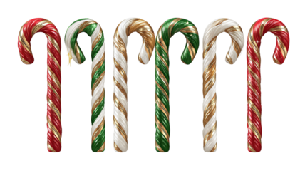 Festive candy canes with classic red green and gold stripes high resolution PNG Christmas sweet treat clipart for holiday design and social media
