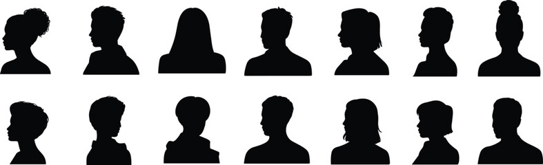 Silhouette profiles of diverse people, side view portraits of men and women, black shadow figures, diversity, unity, teamwork, human equality illustration