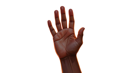 Upraised hand with a warm-toned light glow, against a black background