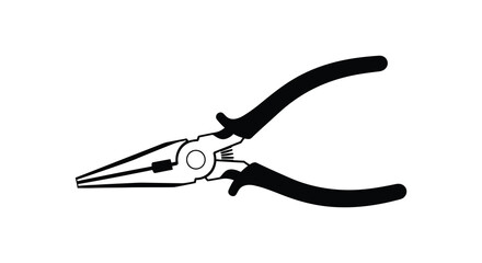 A black and white silhouette of long nose pliers with black handles on a plain white background
