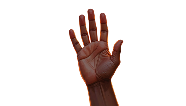 Upraised hand with a warm-toned light glow, against a black background