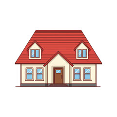 Fototapeta premium A charming illustration of a two-story house with a red roof and dormer windows, set against a white background.
