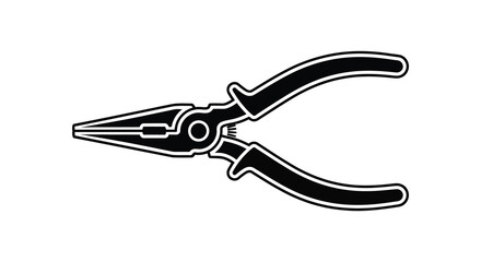 A simple black and white silhouette of long nose pliers on a white background representing a tool silhouette