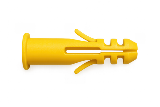 Yellow plastic wall plug anchor for construction and DIY