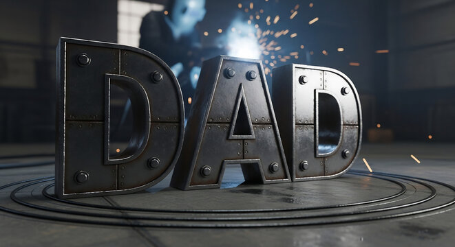 Bold metal letters spelling "DAD", perfect for Father's Day promotions, industrial themes, or strong male-oriented marketing campaigns. Celebrate craftsmanship and family.