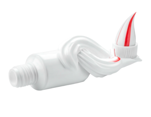 Squished white tube with red & white paste. White background removed shows tube twisted & paste coming out